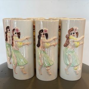 Set of 6 Ceramic Tiki-style Vases Glasses w/ Hulu Girl, Orchids of Hawaii - R73A